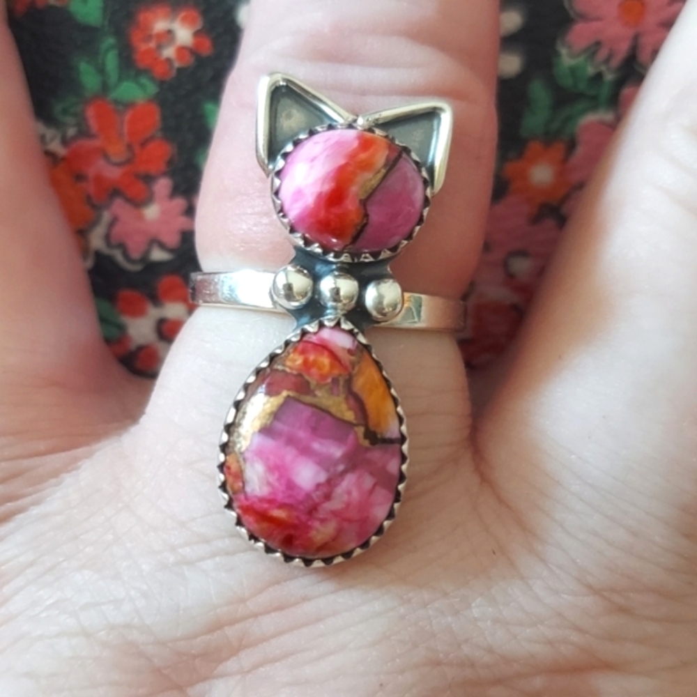 Sterling Silver Adjustable Cat Ring Kingman Dalia Spiney/Pink 6-9
